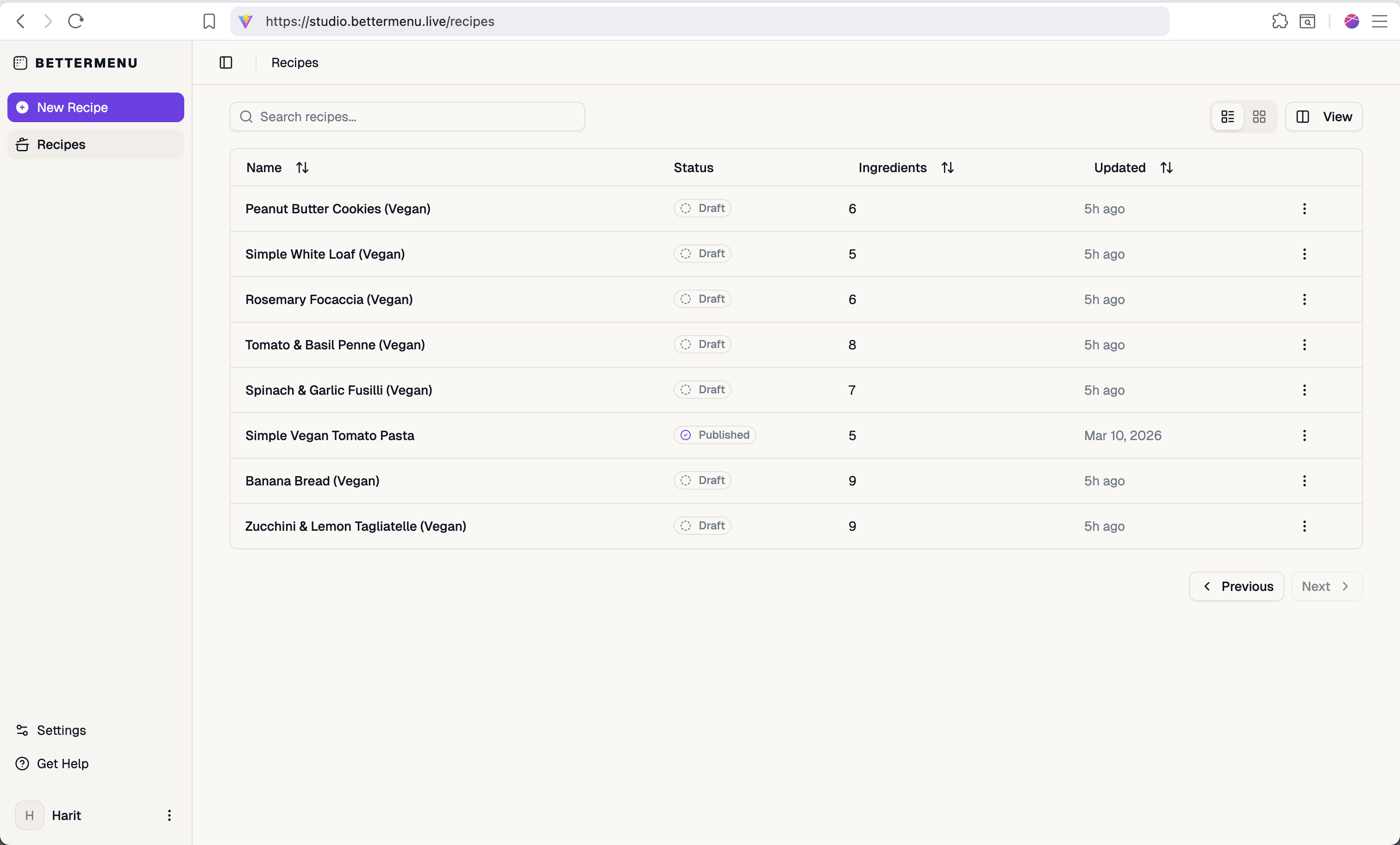 BetterMenu Studio — recipe management dashboard